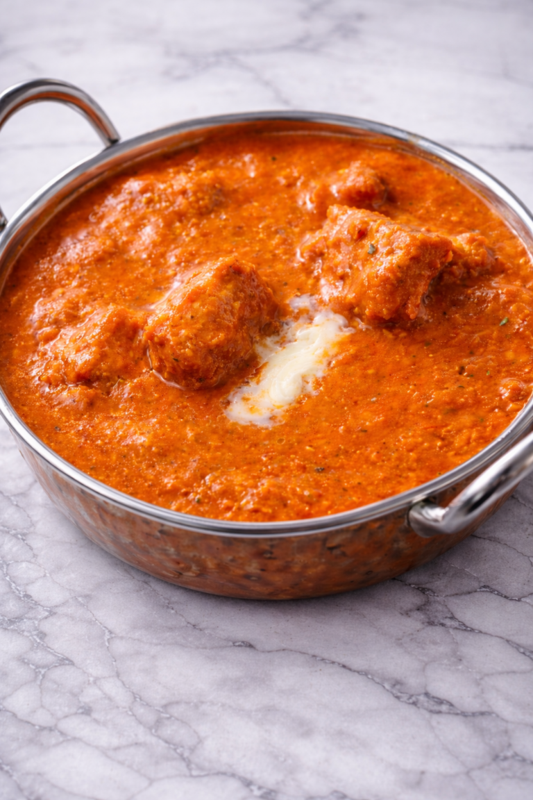 Creamy butter chicken curry with tender chicken in a rich tomato sauce at INDYA Restaurant.