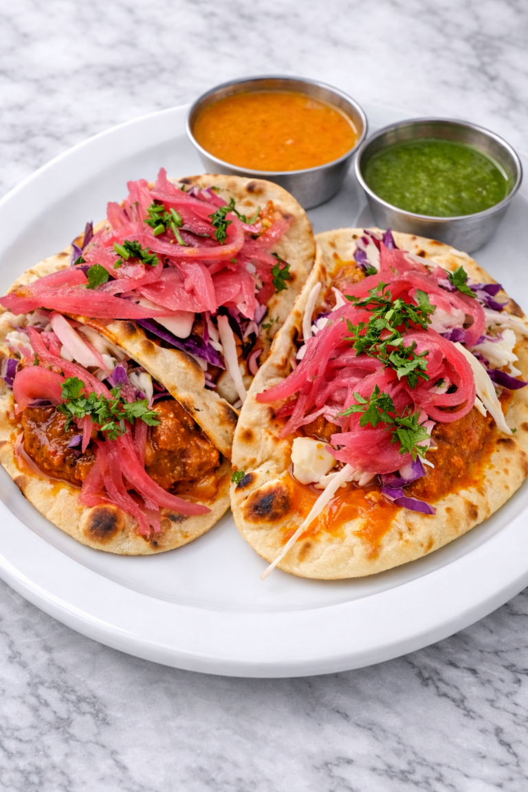 Naan tacos filled with Indian-style toppings and fresh garnish at INDYA Restaurant.